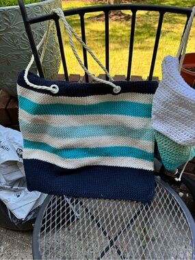 Handmade Crochet Coastal Nautical Tote Bag Navy Aqua Beach Resort